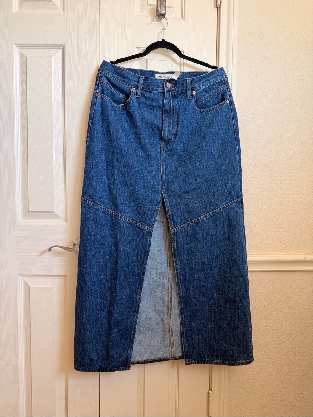 Madewell Dark Blue Denim Flare Maxi Skirt with Front Slit